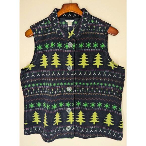 CHRISTOPHER & BANKS Fleece Vest Size XL Christmas Holiday Fir Trees Snowflakes - Picture 1 of 8